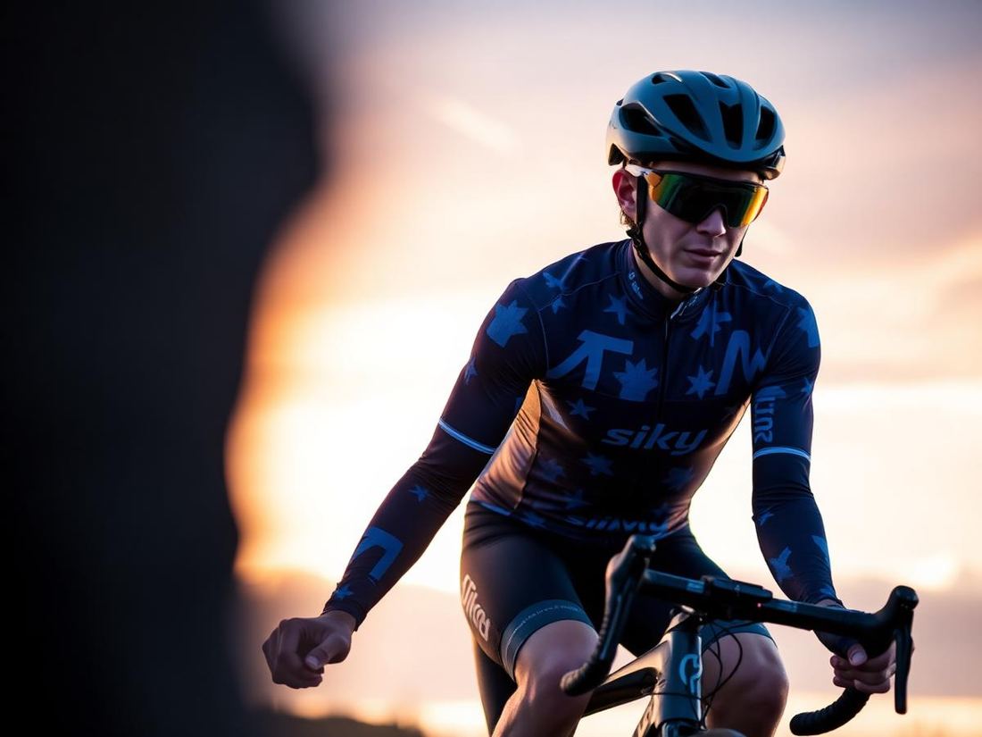 Cyclist in aerodynamic custom jersey at sunset