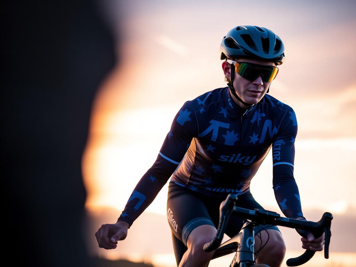 Cyclist in aerodynamic sublimated jersey at sunset