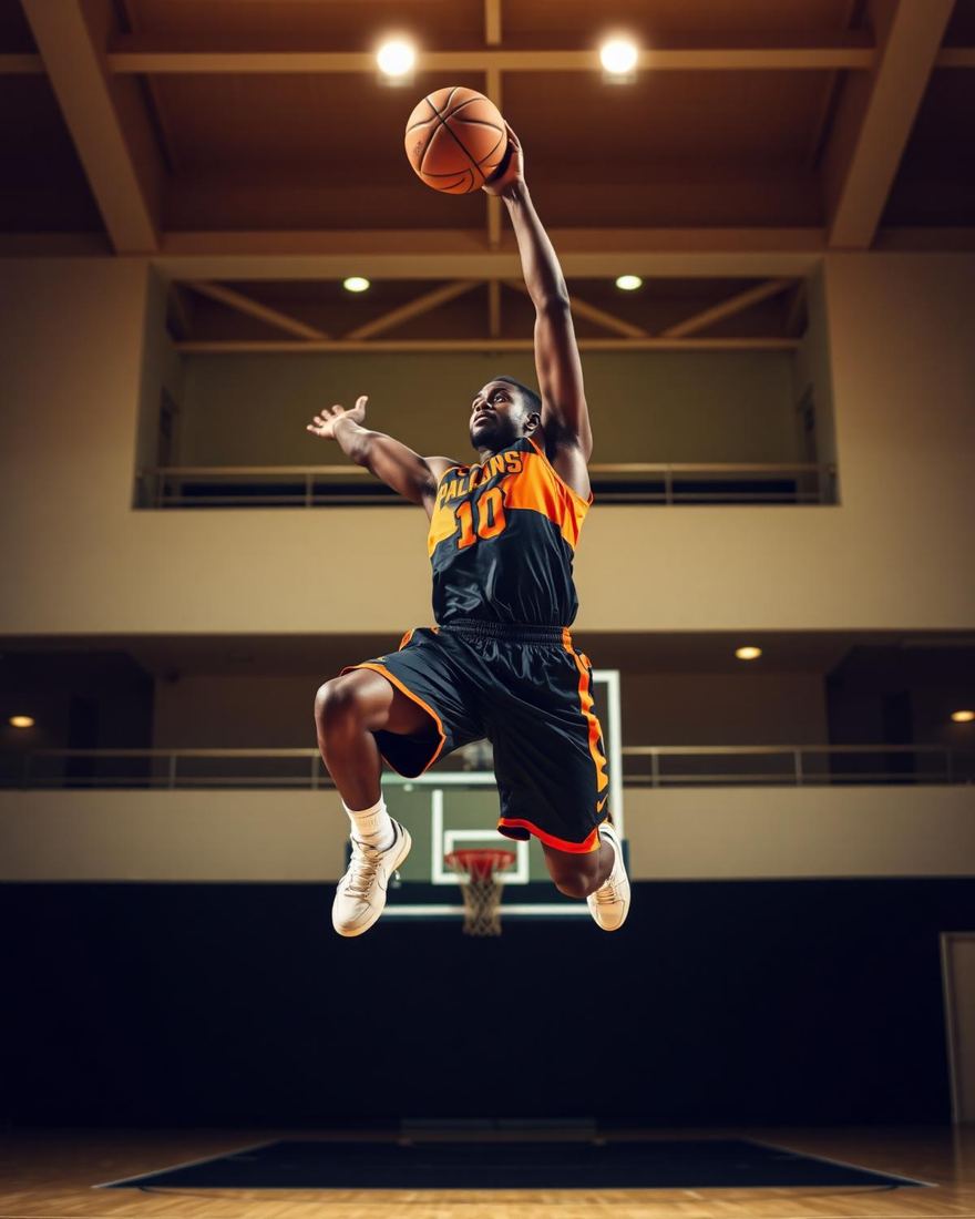 Basketball player mid-jump in premium custom jersey
